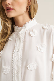 3D Floral Applique Trim Blouse - White