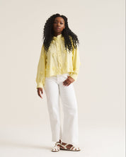 3D Floral Applique Trim Blouse - Butter Yellow