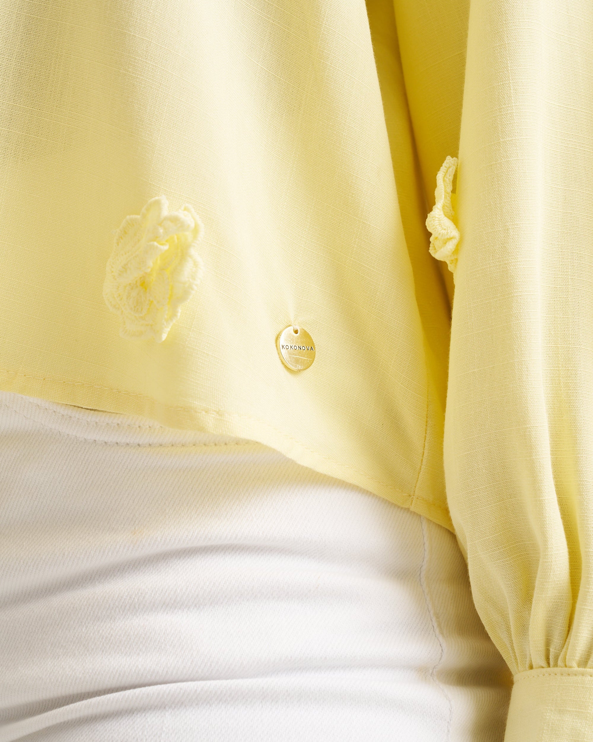 3D Floral Applique Trim Blouse - Butter Yellow