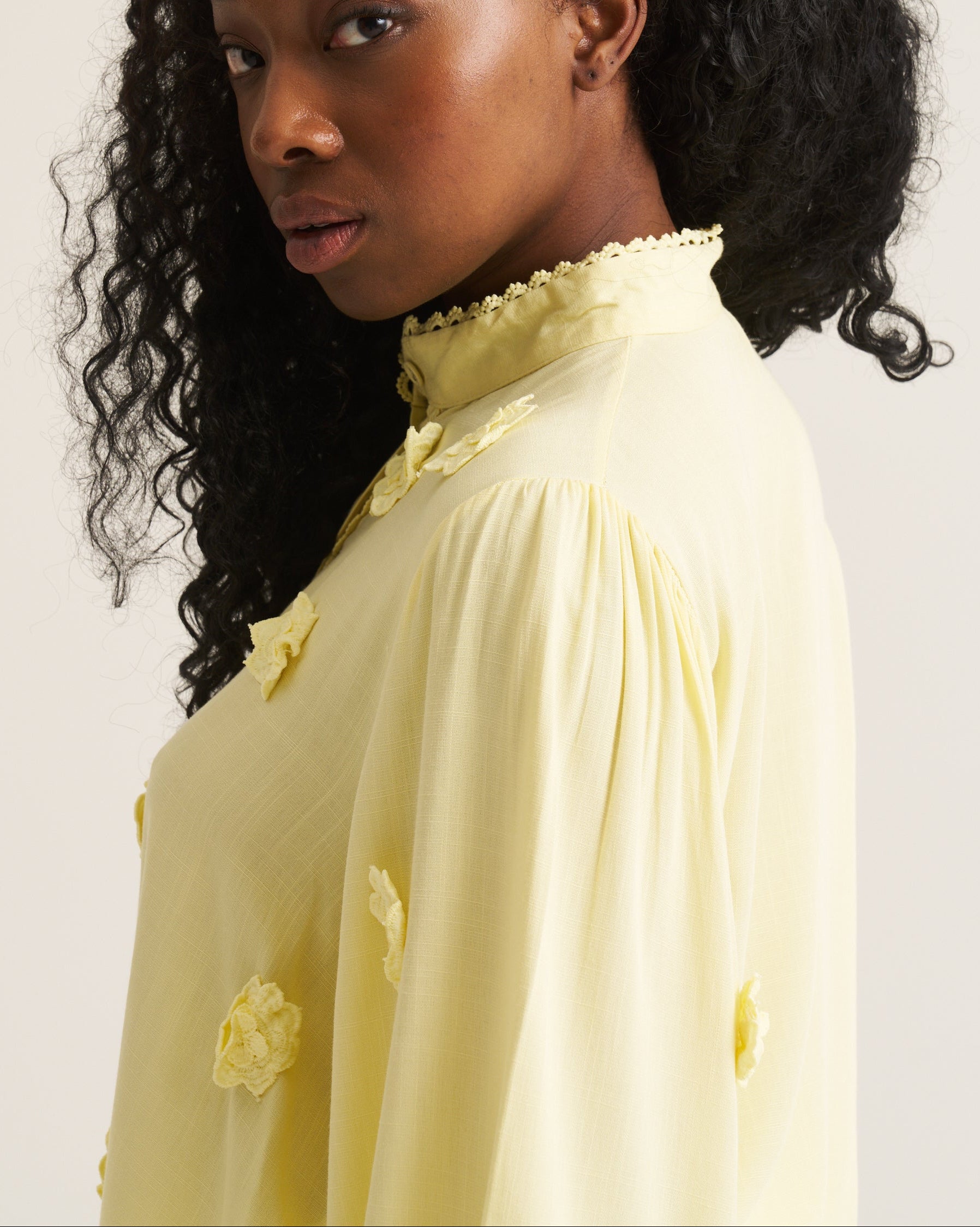 3D Floral Applique Trim Blouse - Butter Yellow