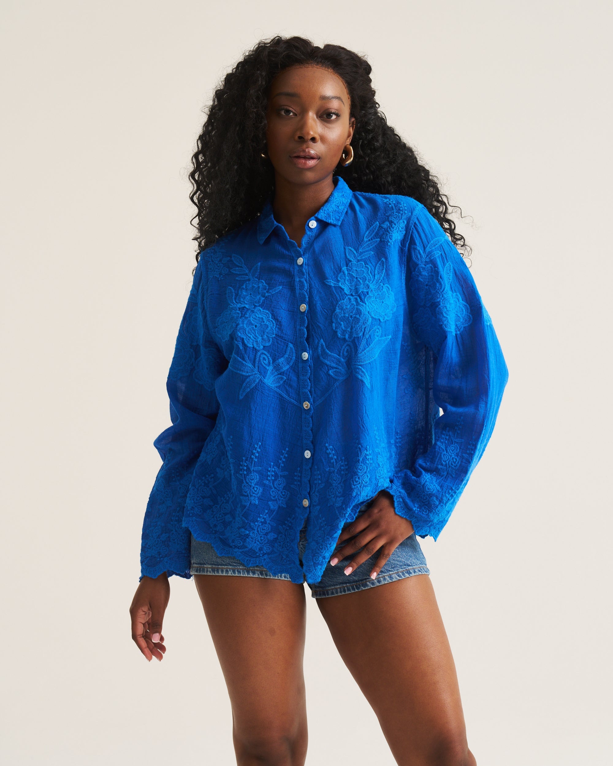 Cobalt Appliqué Cotton Blouse