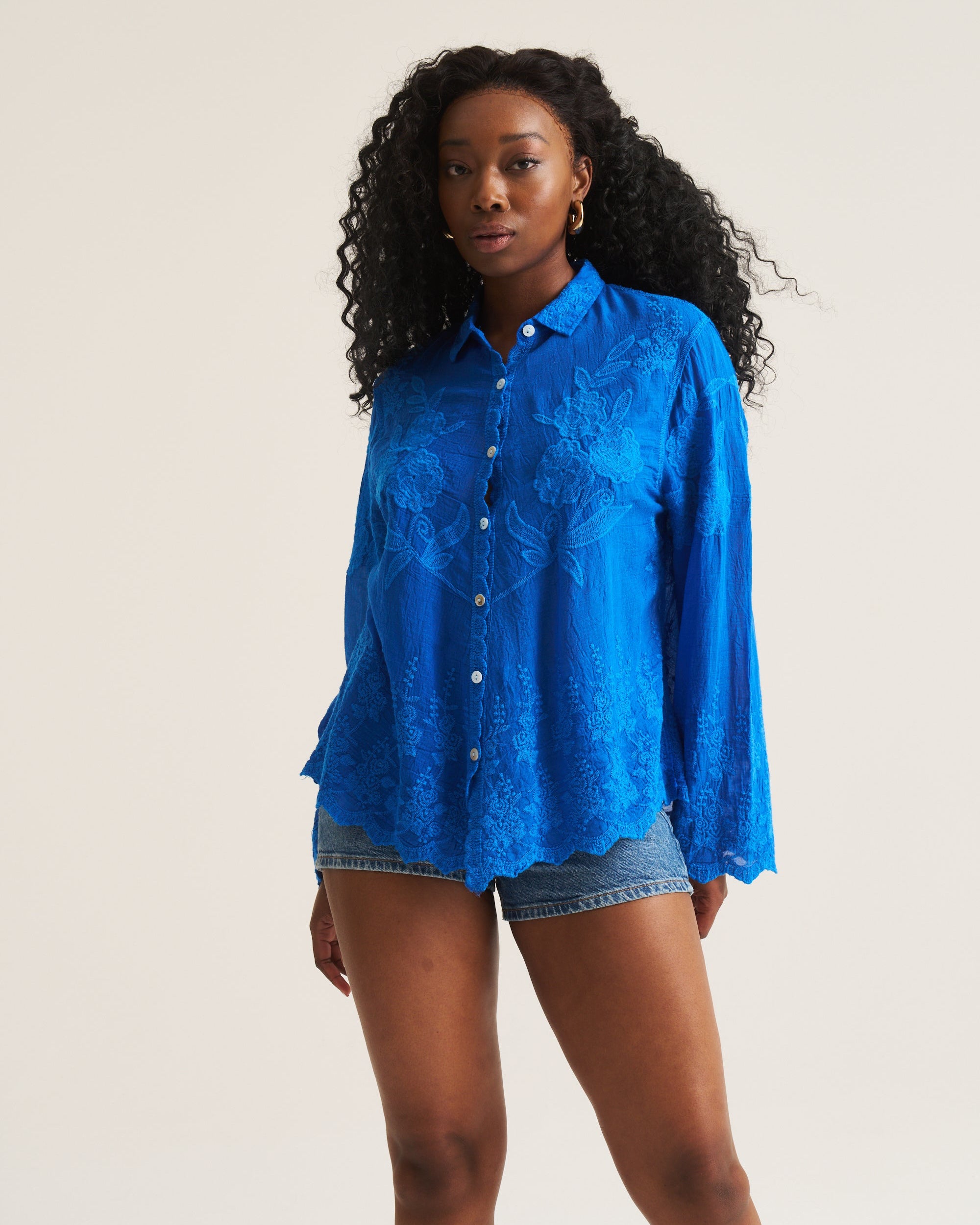 Cobalt Appliqué Cotton Blouse