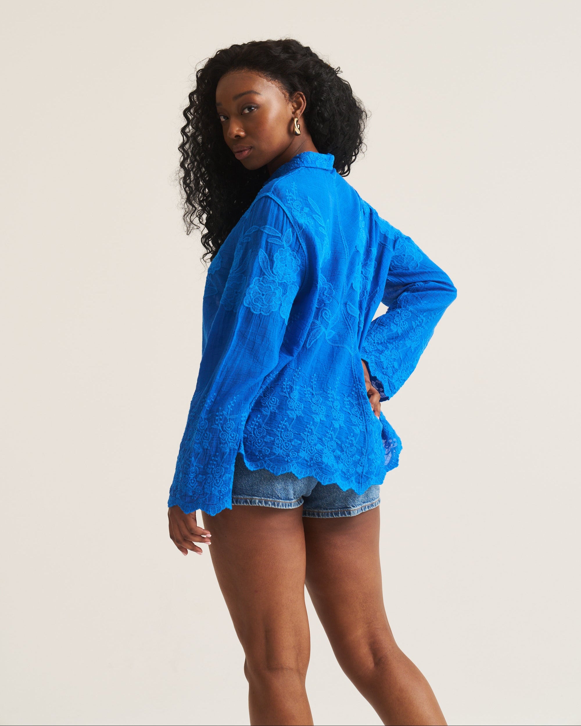 Cobalt Appliqué Cotton Blouse
