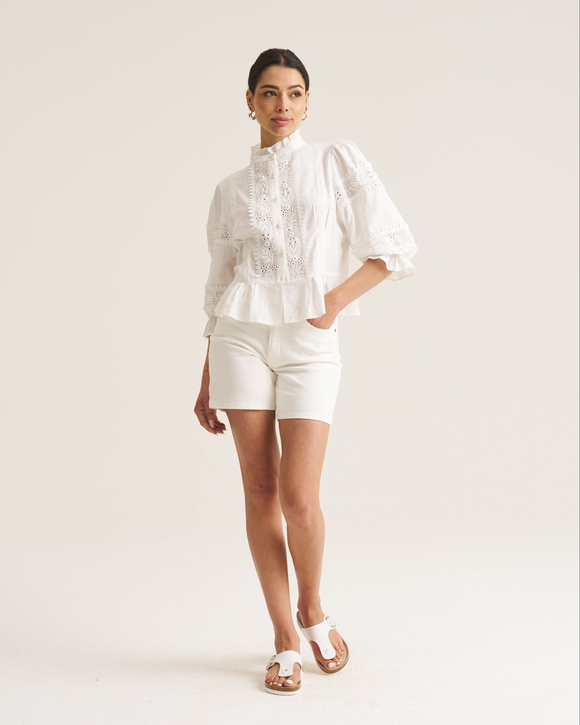 Linen Trim Blouse - White