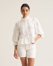 Linen Trim Blouse - White