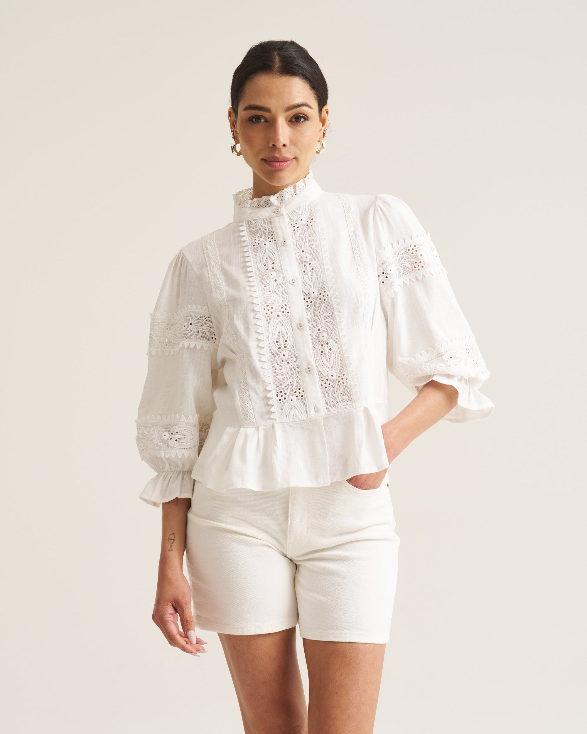Linen Trim Blouse - White