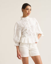 Linen Trim Blouse - White