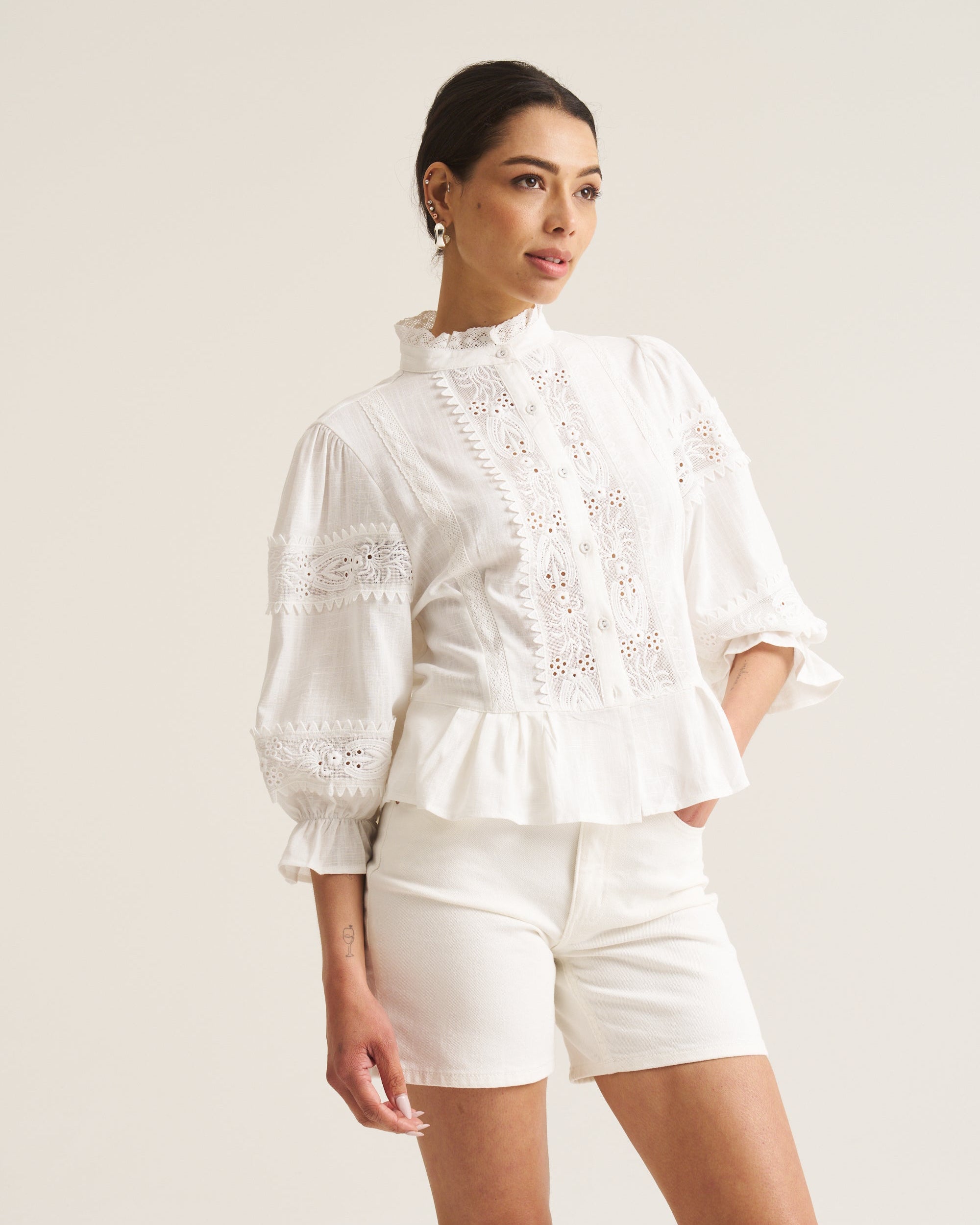 Linen Trim Blouse - White