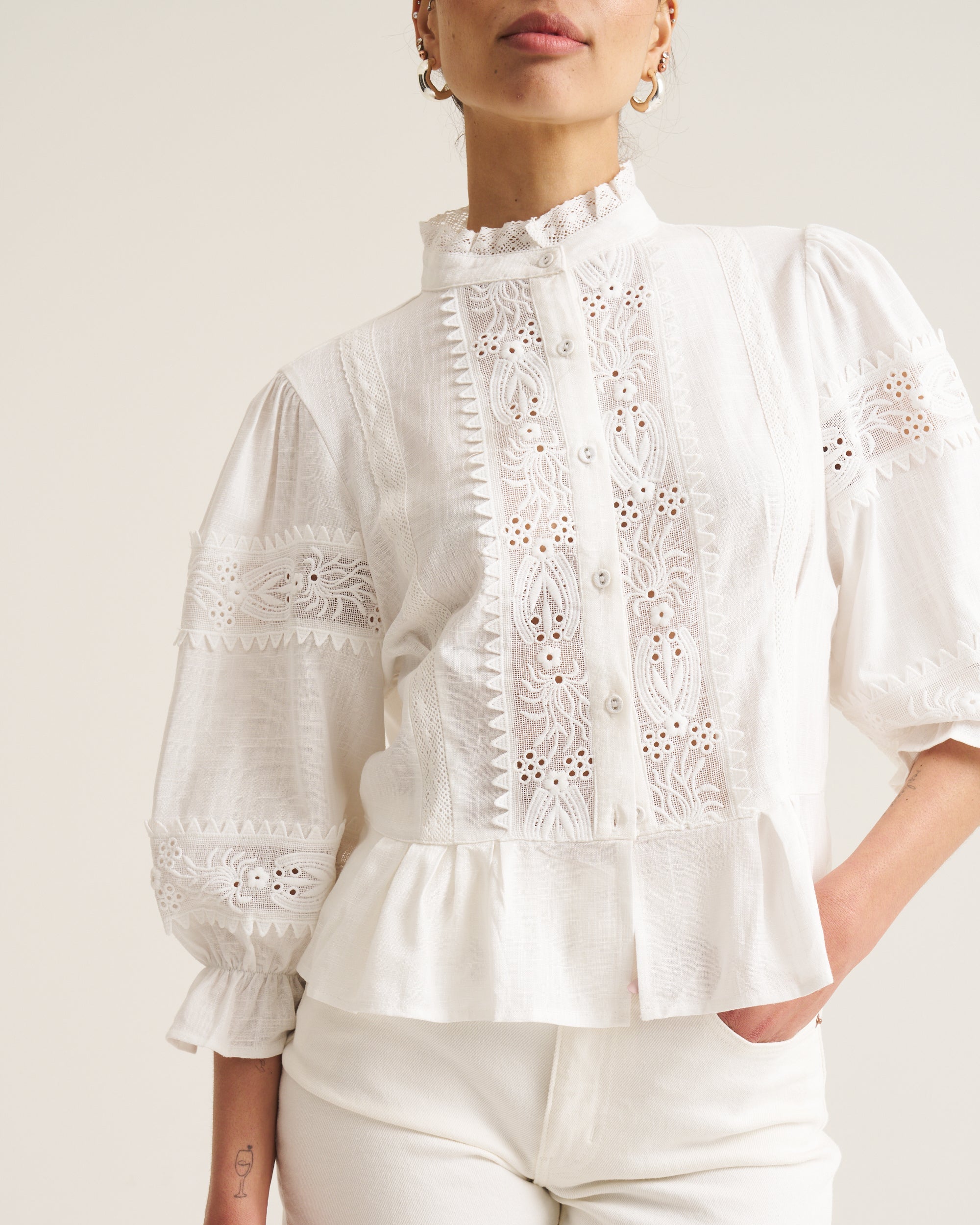 Linen Trim Blouse - White