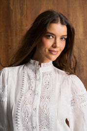 Linen Trim Blouse In White