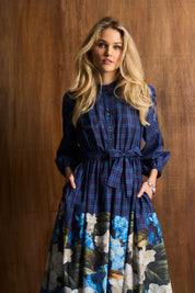 Cotton Hydrangea Check Maxi Dress