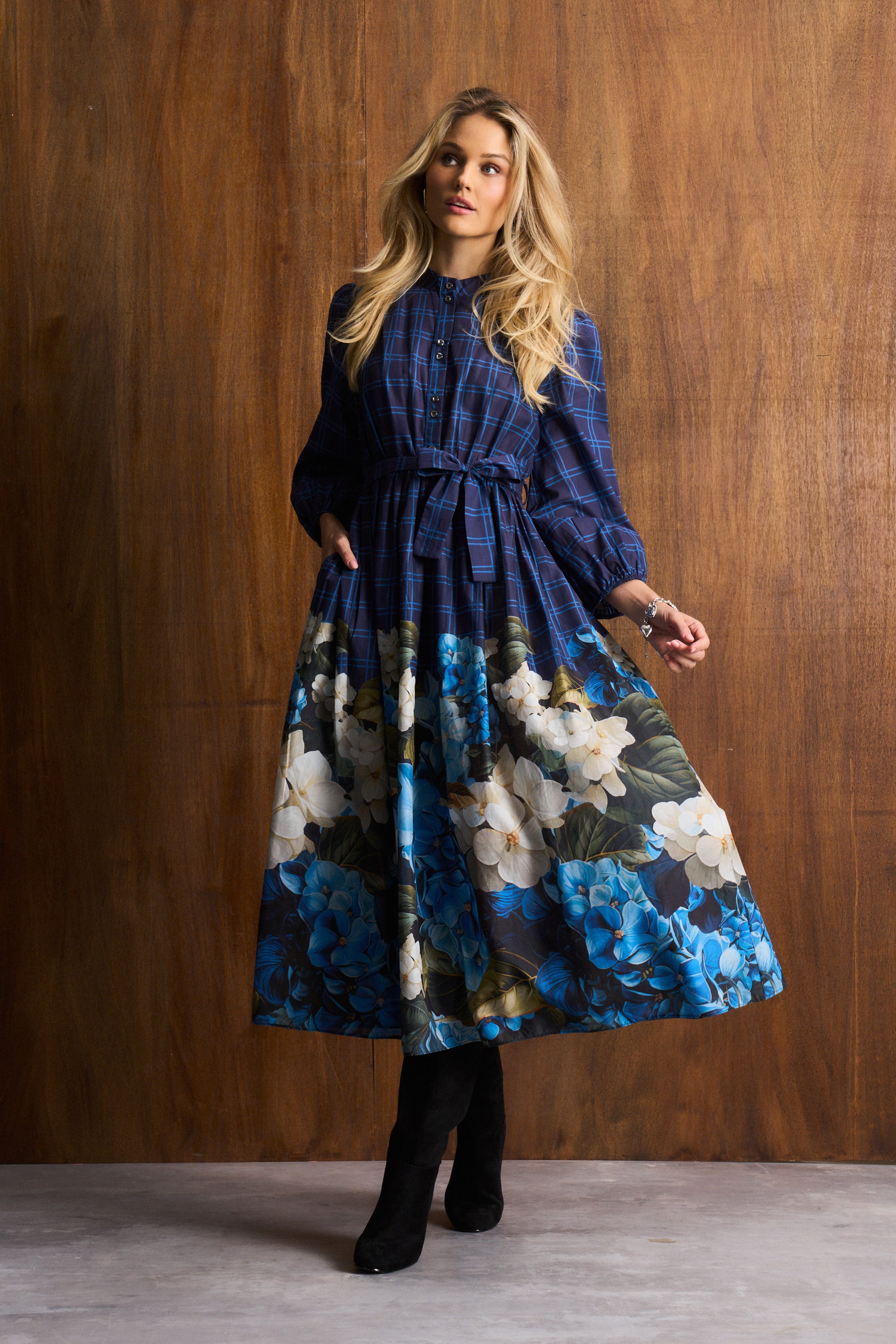 Cotton Hydrangea Check Maxi Dress