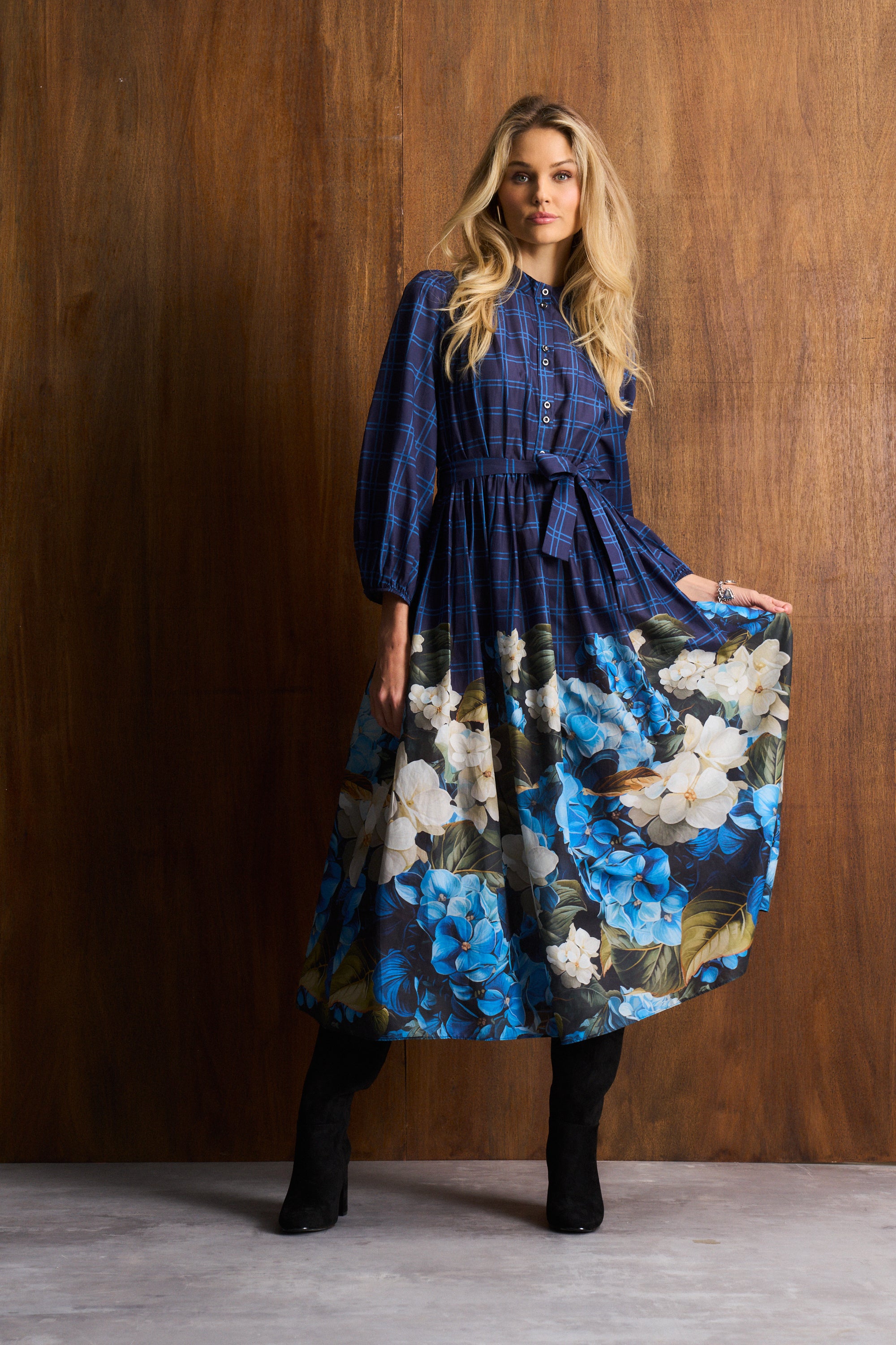 Cotton Hydrangea Check Maxi Dress