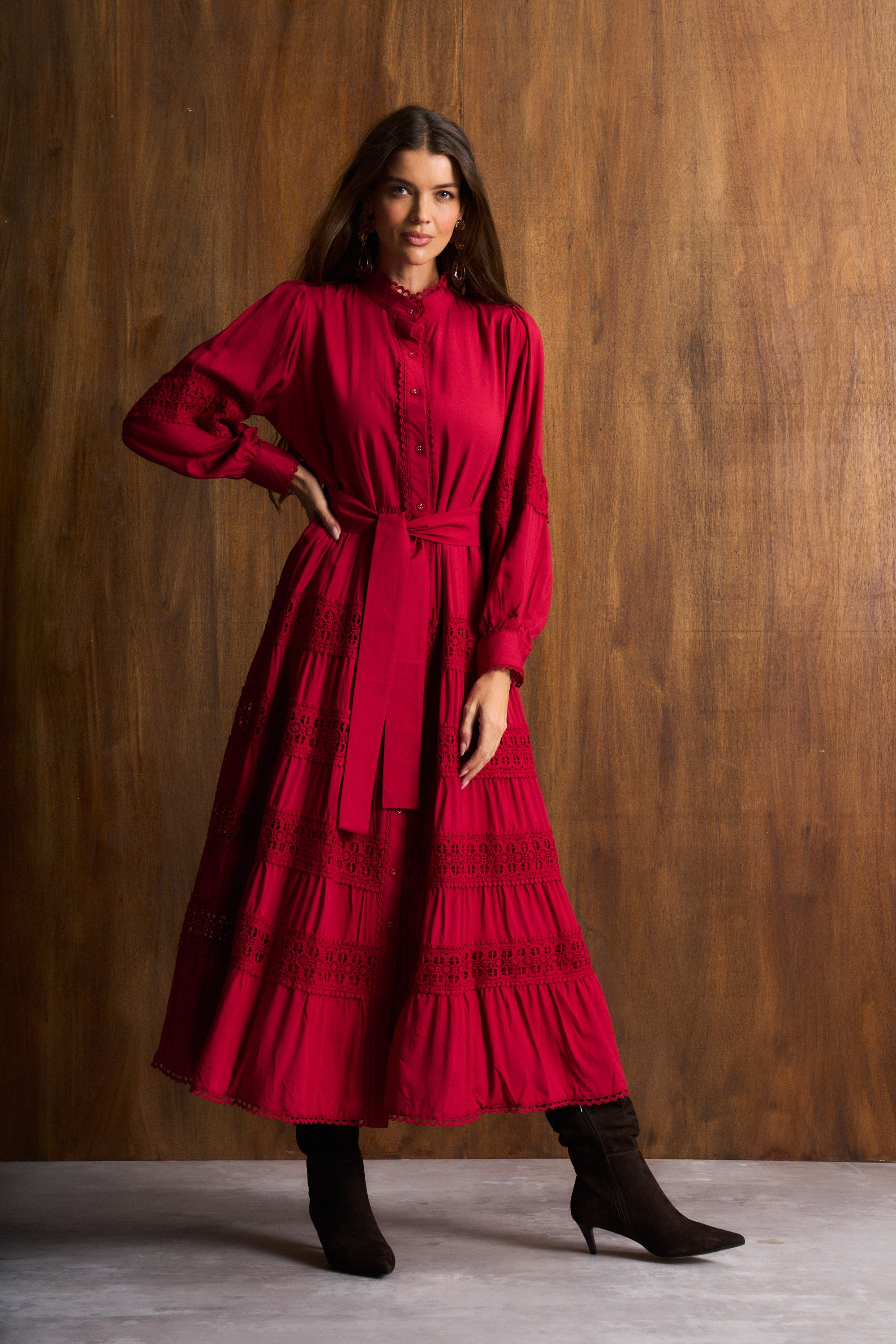 Persian Red Ladder Trim Maxi Dress