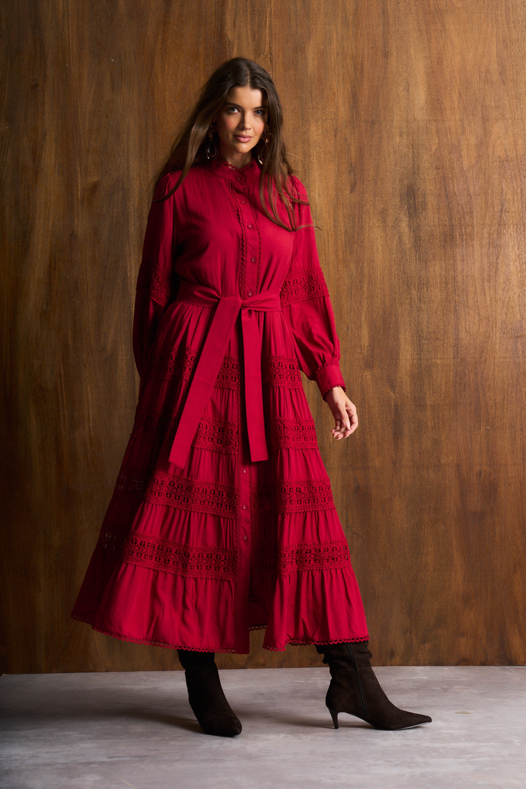 Persian Red Ladder Trim Maxi Dress