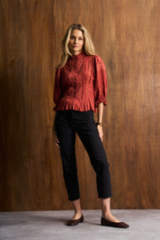 Linen Trim Blouse In Brick