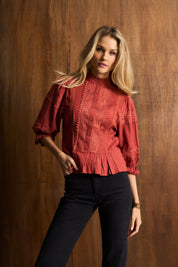 Linen Trim Blouse In Brick