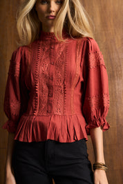 Linen Trim Blouse In Brick