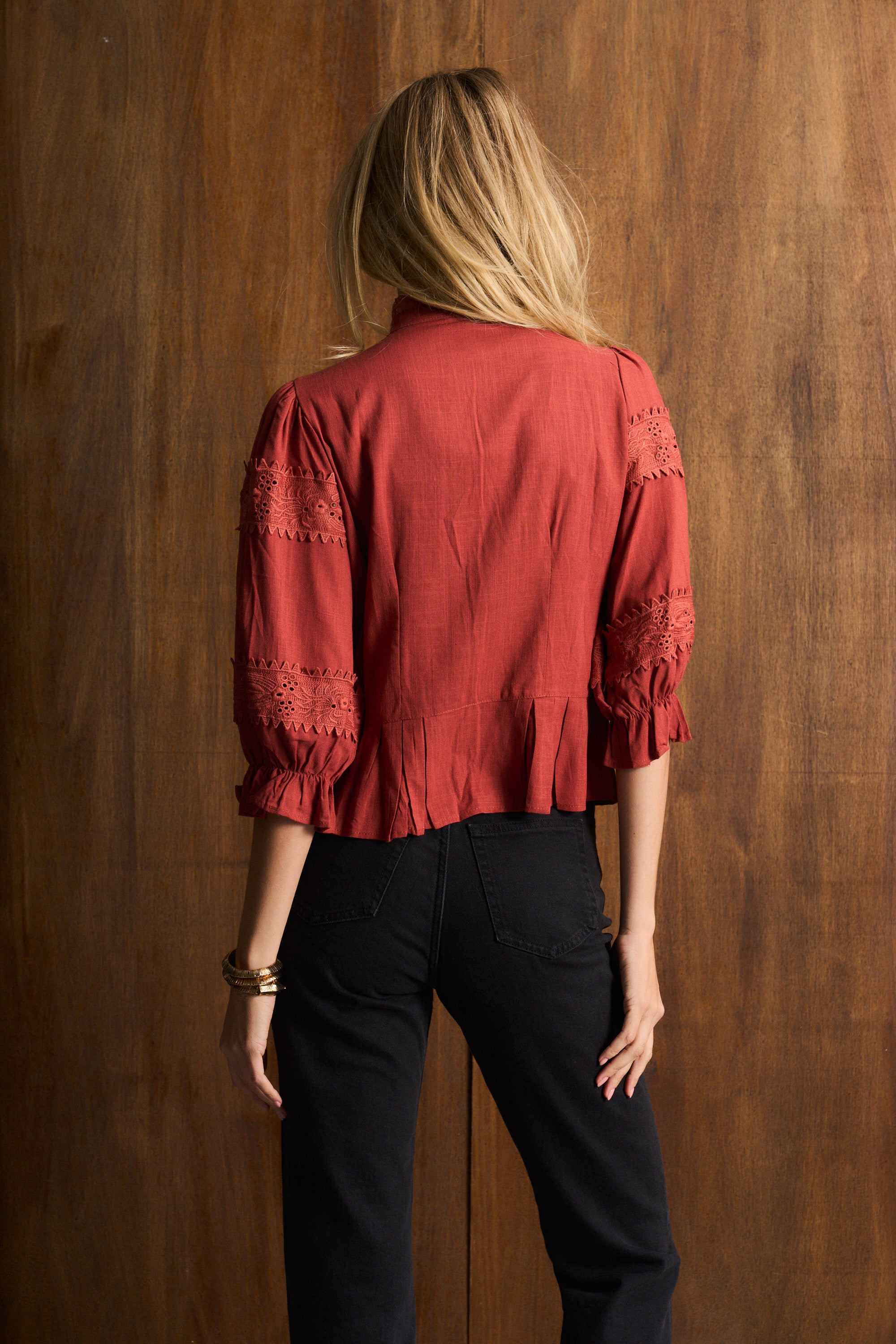 Linen Trim Blouse In Brick