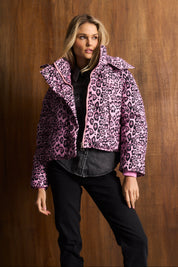 Leopard Combo Puffer Jacket Pink