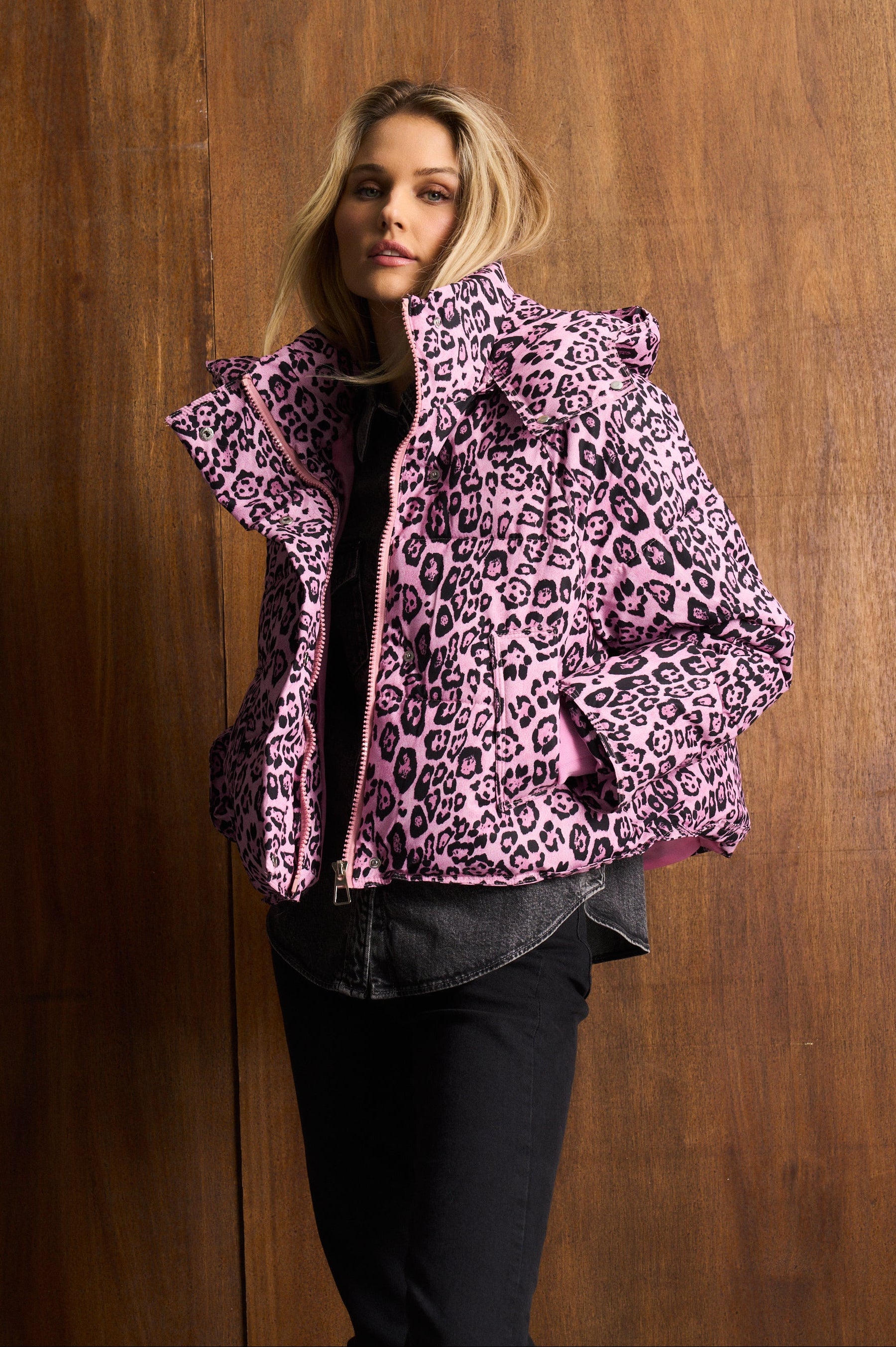Leopard Combo Puffer Jacket Pink