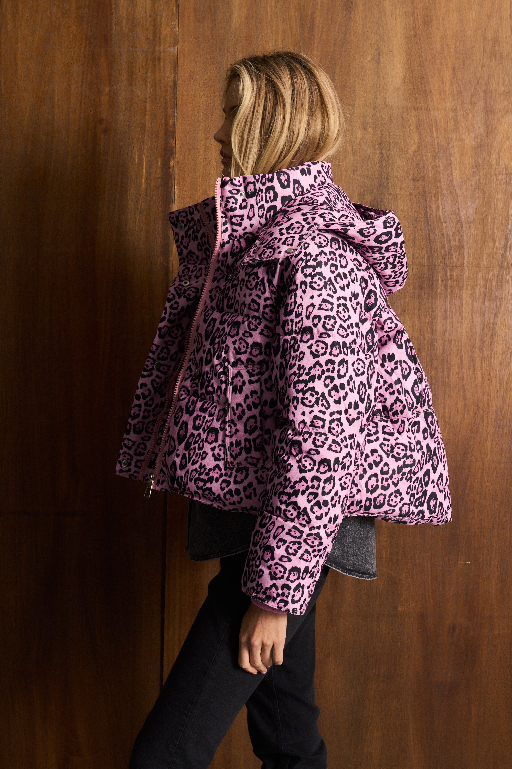 Leopard Combo Puffer Jacket Pink