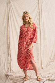 Salma Tassel Dress – Exclusive Print with Lace-Up Detail & Pockets - Tangerine