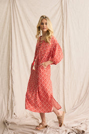 Salma Tassel Dress – Exclusive Print with Lace-Up Detail & Pockets - Tangerine