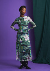 Green Printed Column Mesh Dress