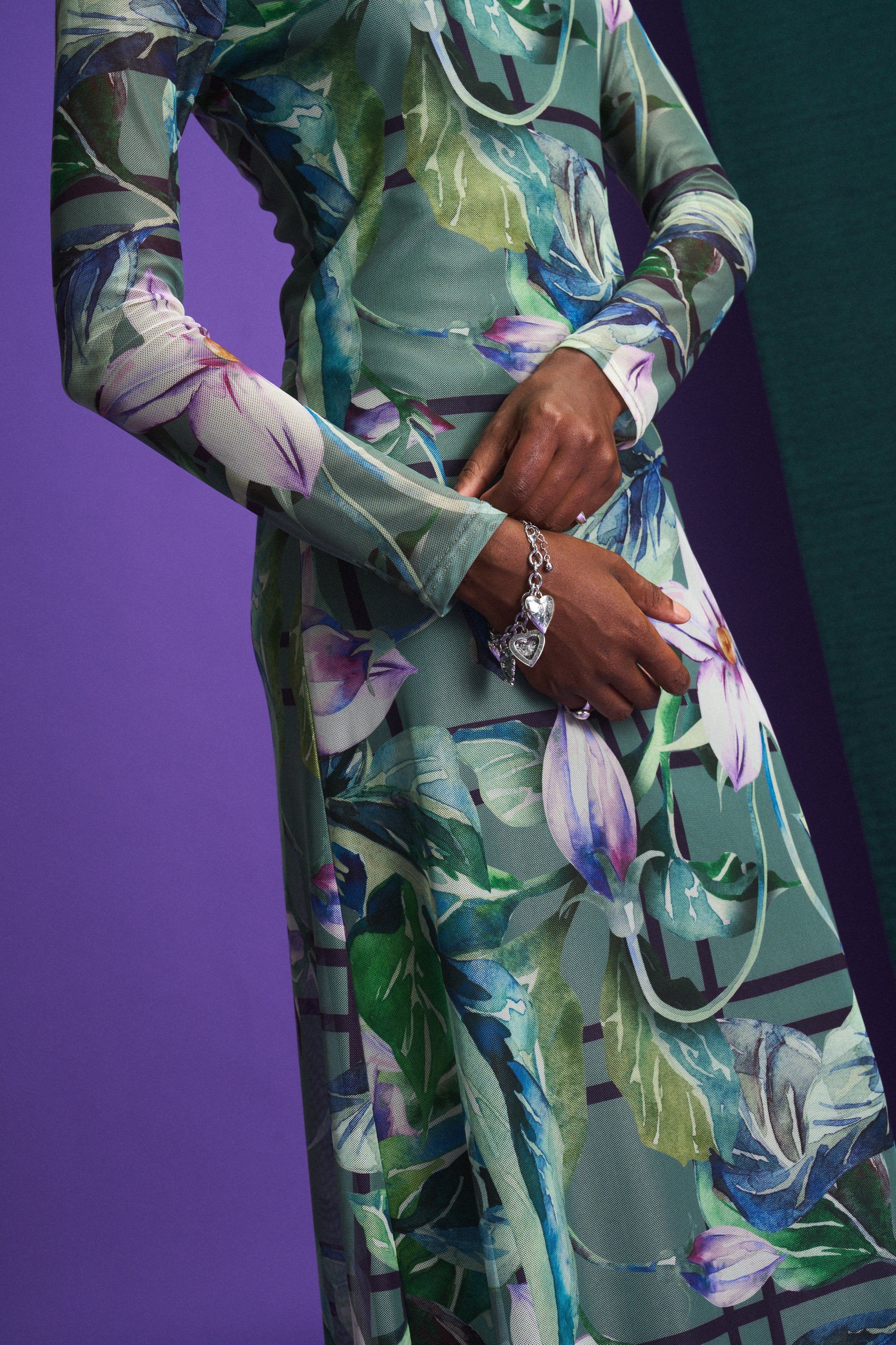 Green Printed Column Mesh Dress