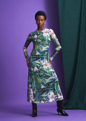 Green Printed Column Mesh Dress