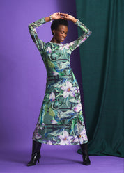 Green Printed Column Mesh Dress