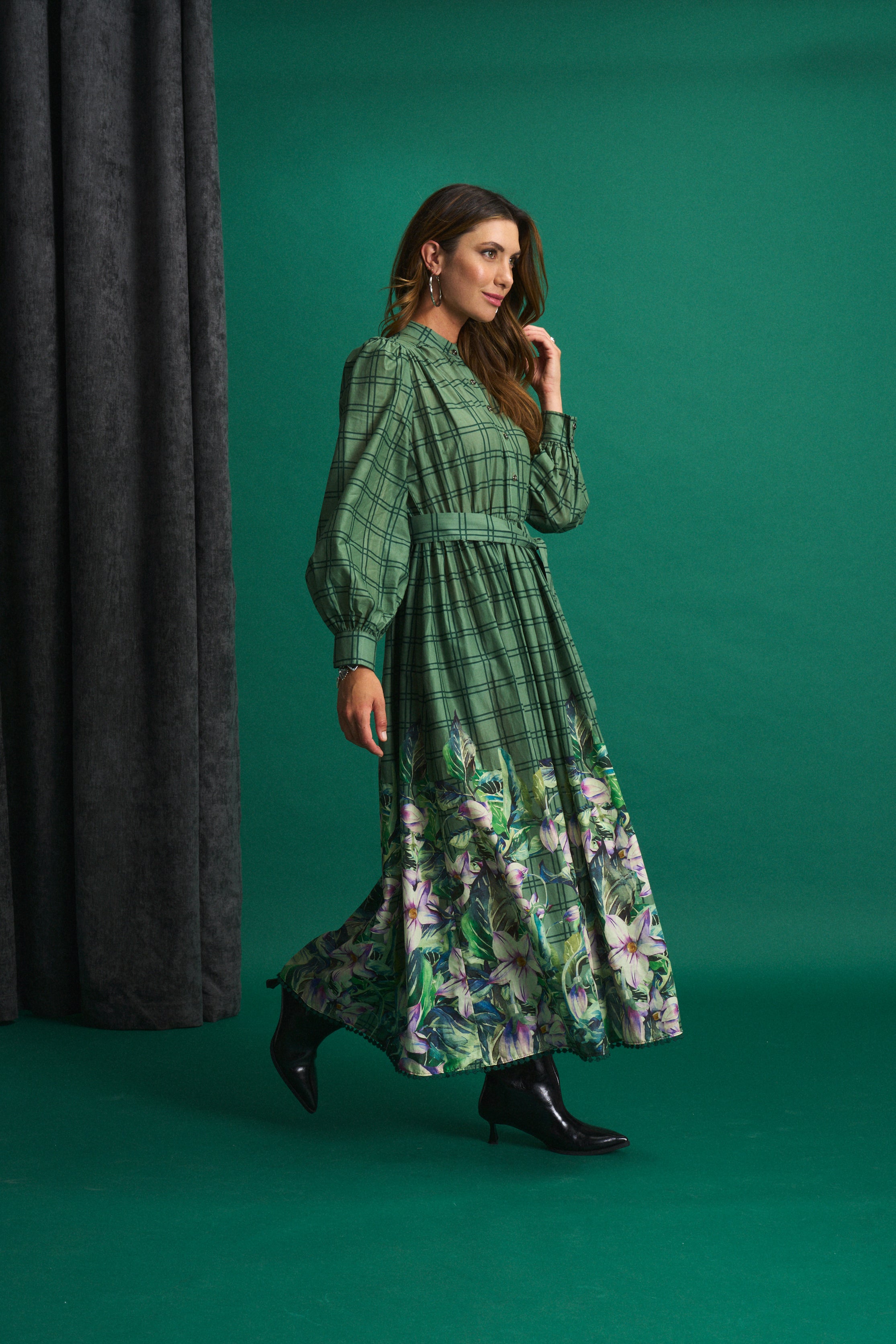 Green Meadow Check Maxi Dress