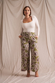 Paperbag Detail Pants Pesto Fine Line Print