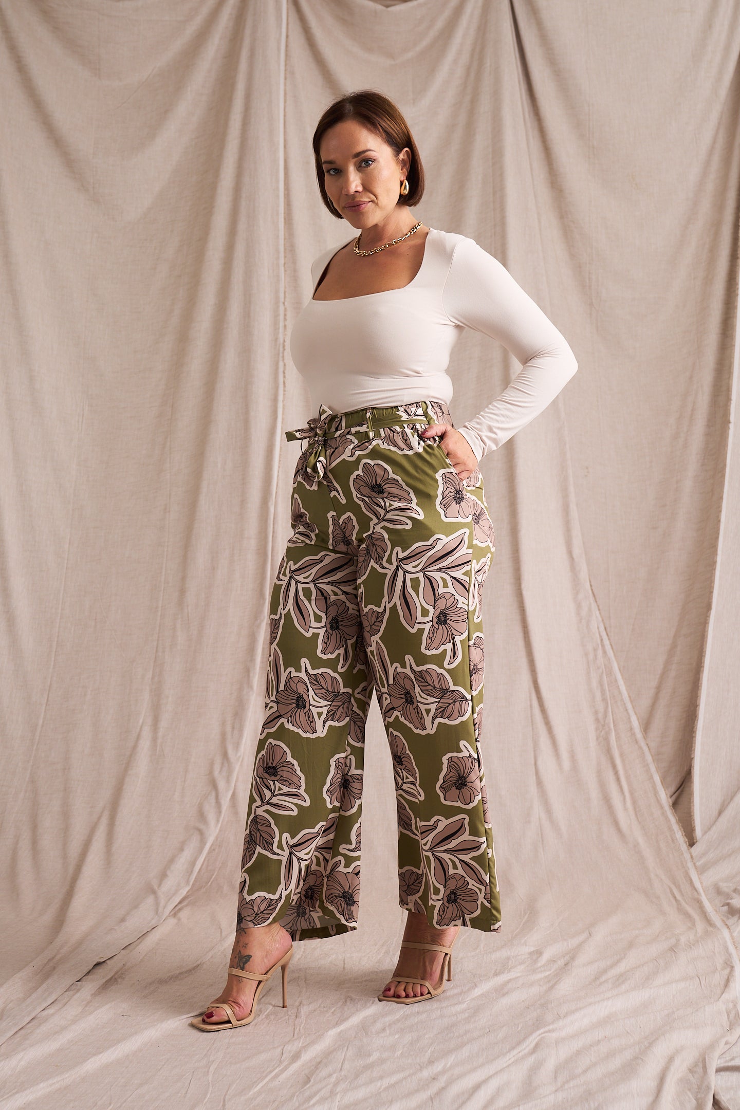 Paperbag Detail Pants Pesto Fine Line Print