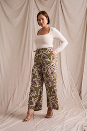 Paperbag Detail Pants Pesto Fine Line Print