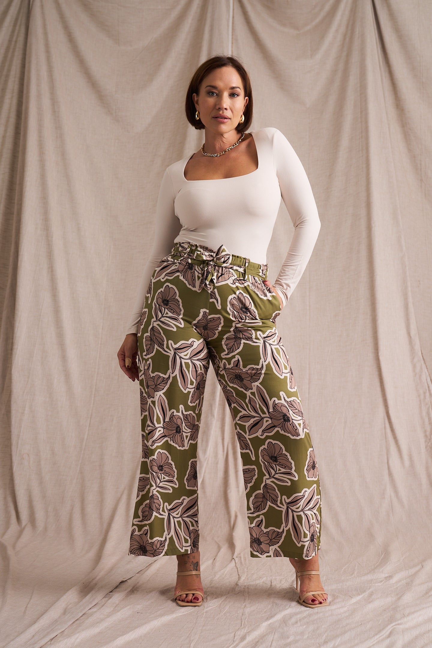 Paperbag Detail Pants Pesto Fine Line Print