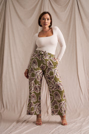 Paperbag Detail Pants Pesto Fine Line Print