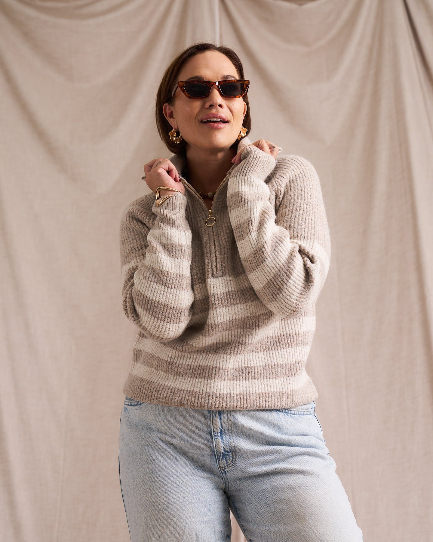 Half Zip Wool Blend Jumper Ivory/Oat