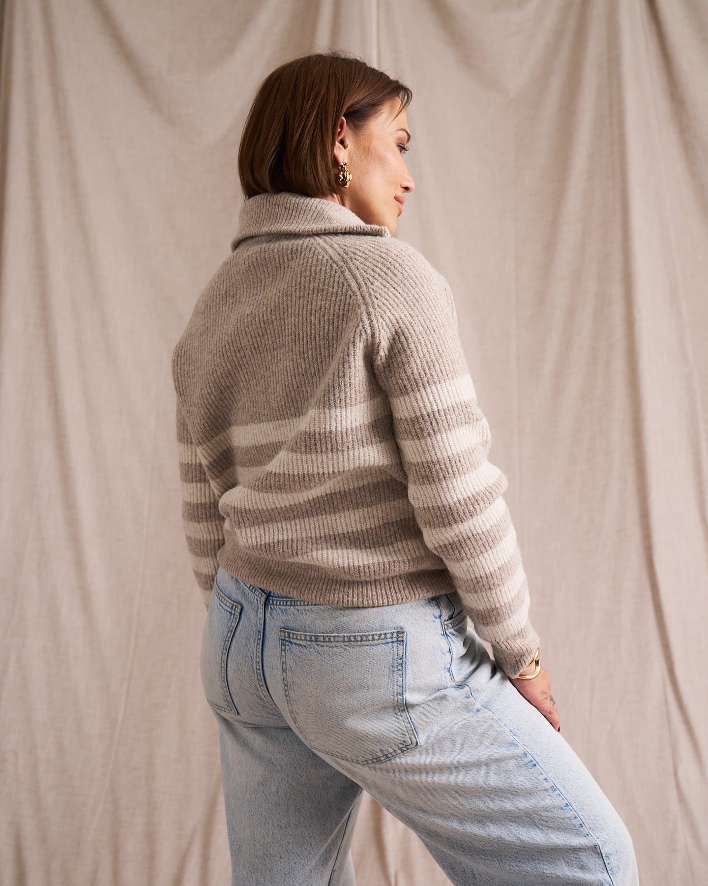 Half Zip Wool Blend Jumper Ivory/Oat
