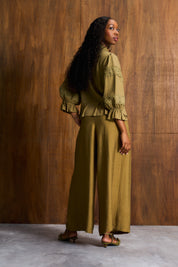 Linen Trim Blouse In Khaki