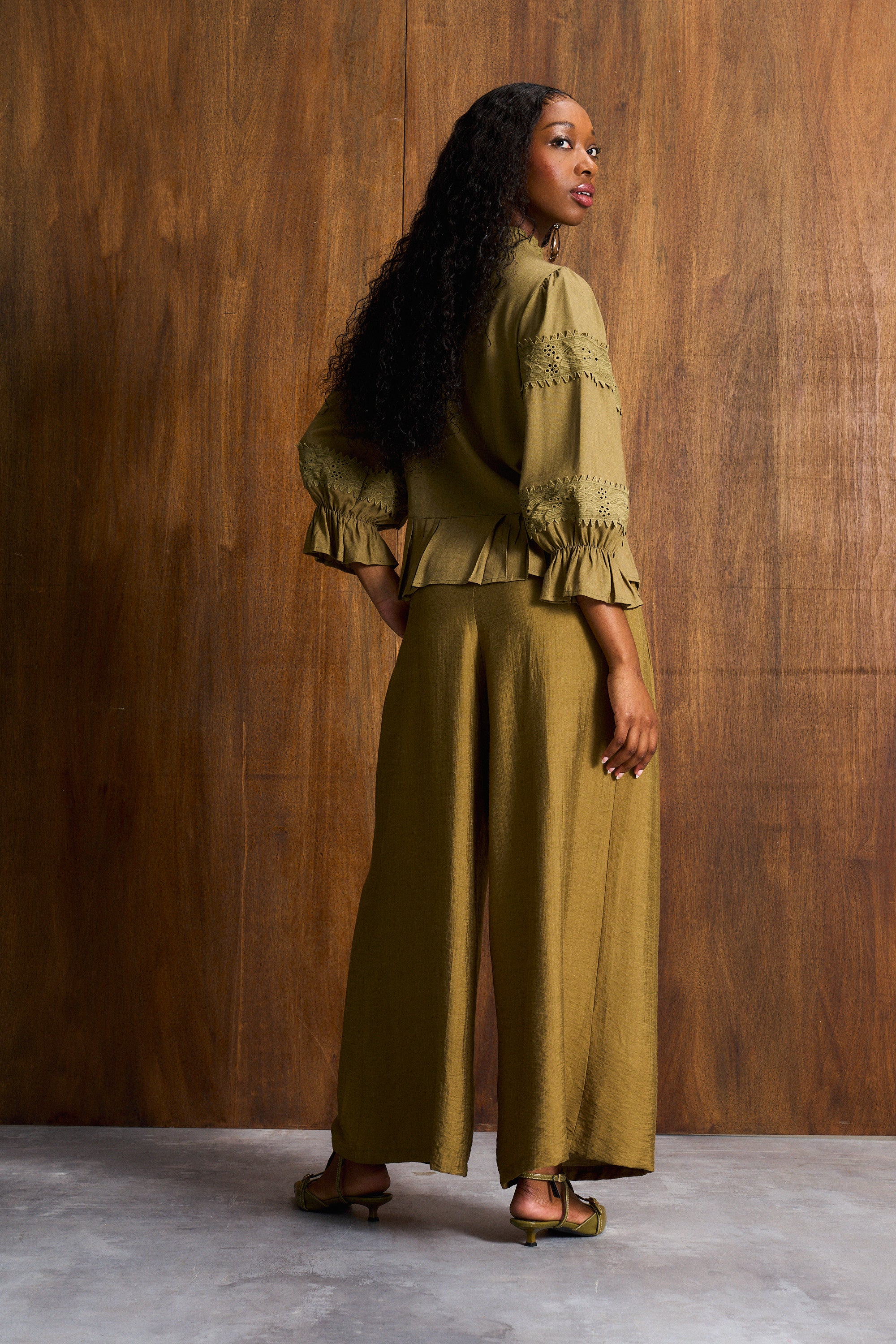 Linen Trim Blouse In Khaki