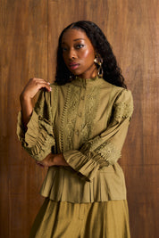 Linen Trim Blouse In Khaki