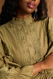 Linen Trim Blouse In Khaki