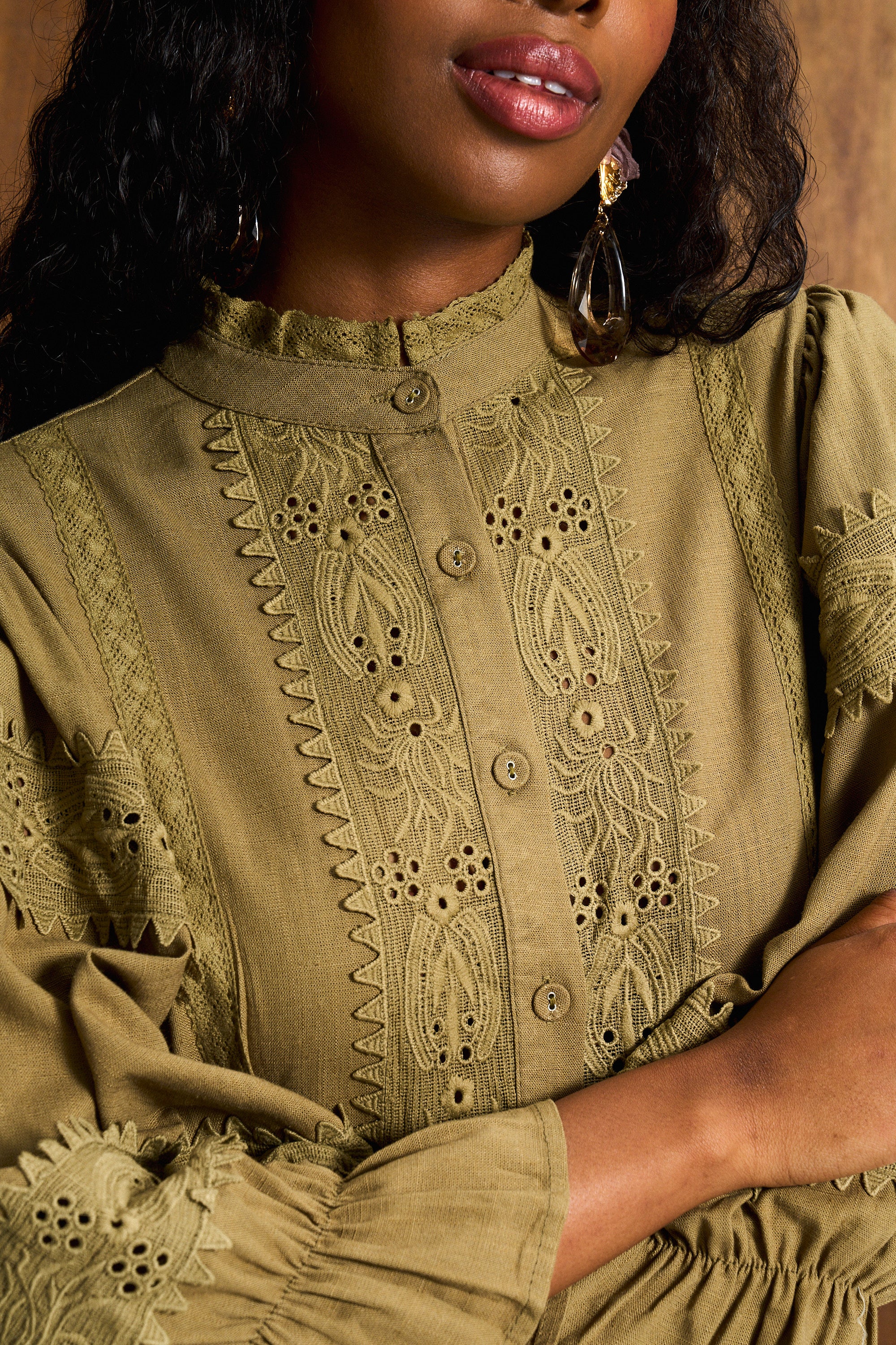Linen Trim Blouse In Khaki