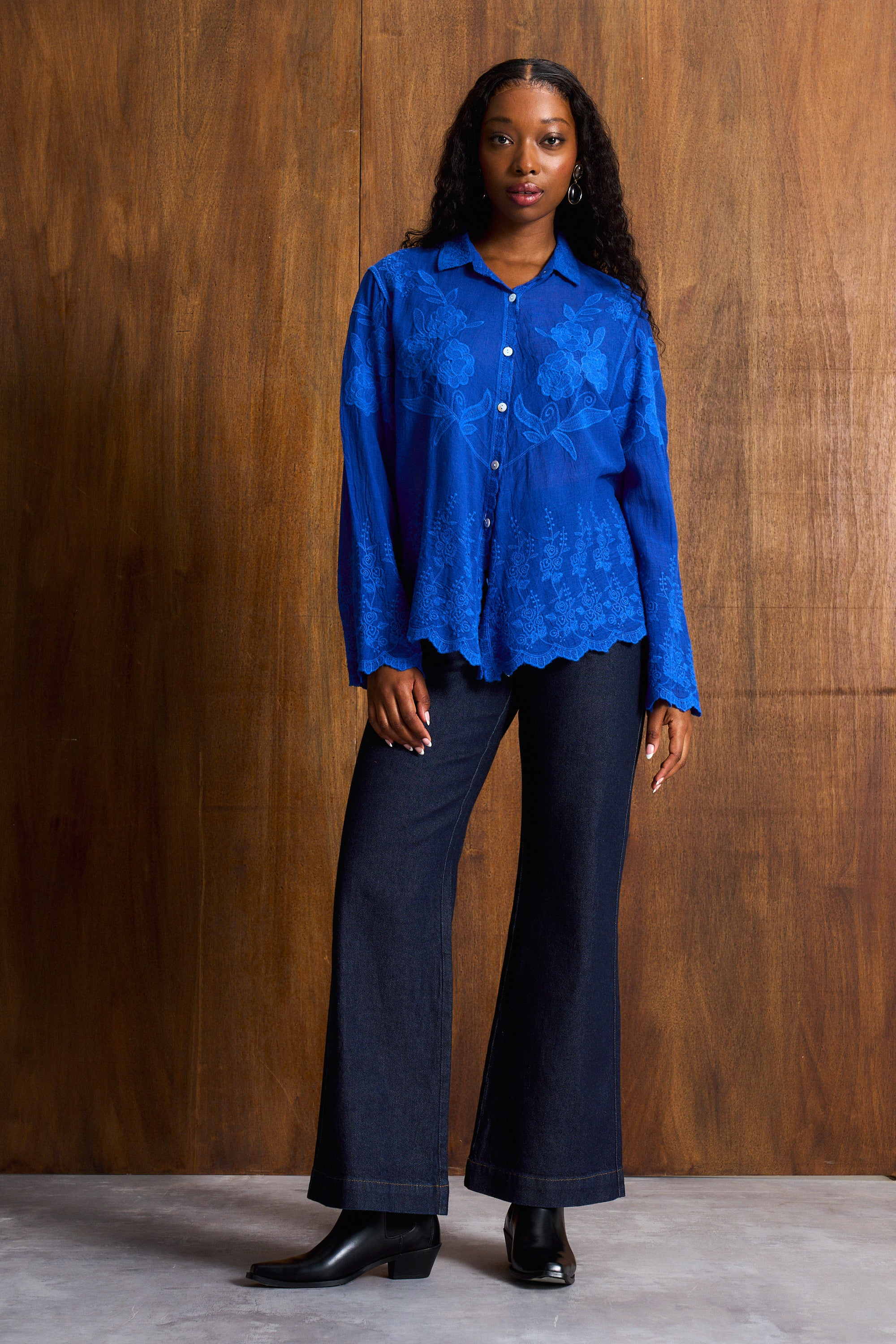 Cobalt Appliqué Cotton Blouse
