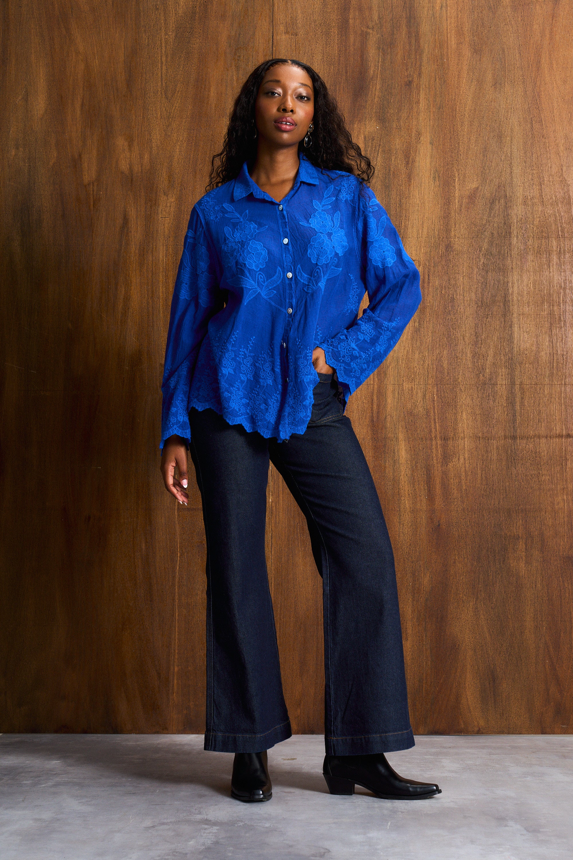 Cobalt Appliqué Cotton Blouse