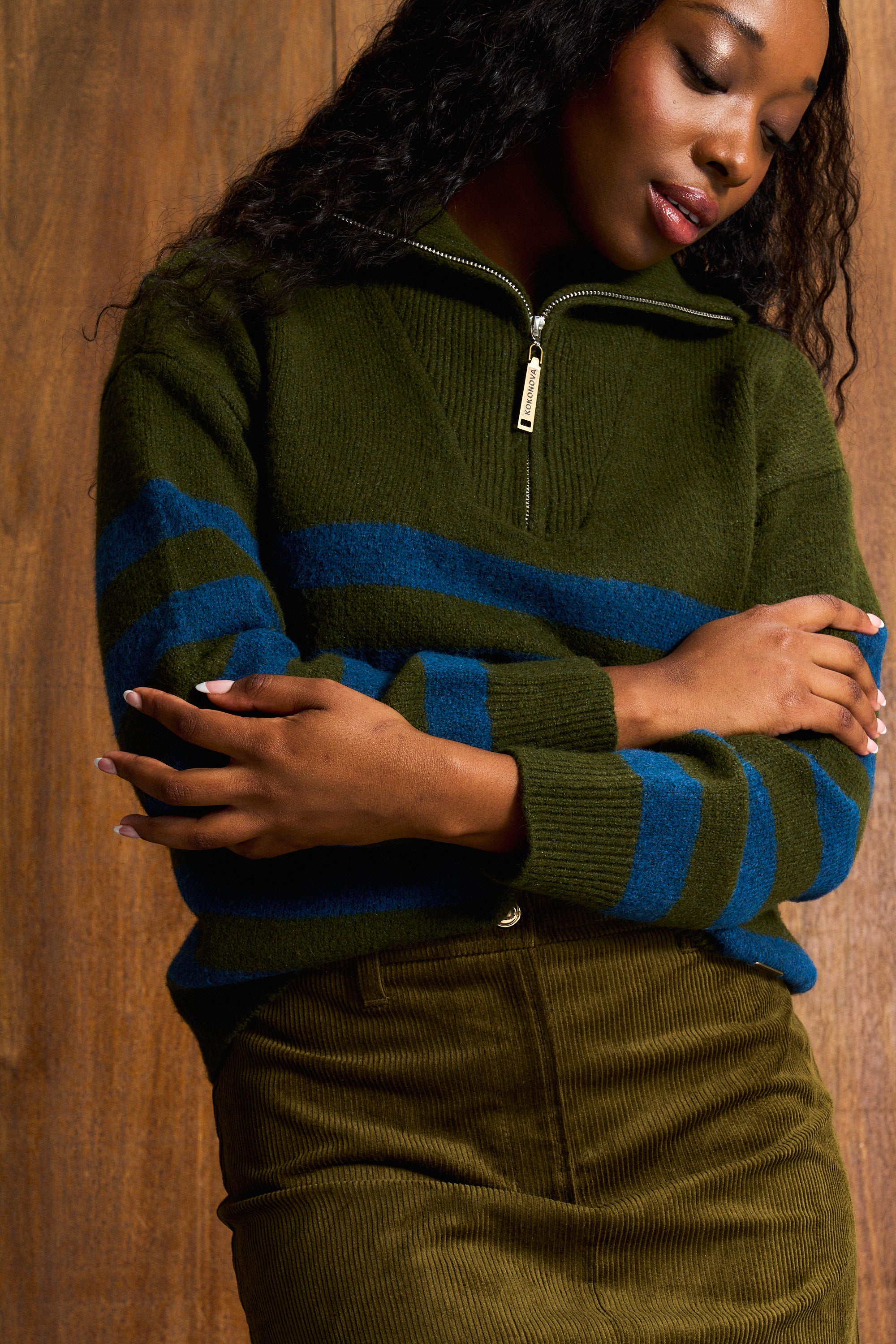 Teal & Olive Wool Blend Half-Zip Knit