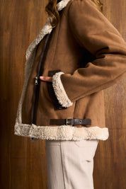 Tan & Stone Contrast Sherpa Biker Jacket
