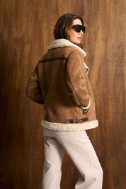 Tan & Stone Contrast Sherpa Biker Jacket